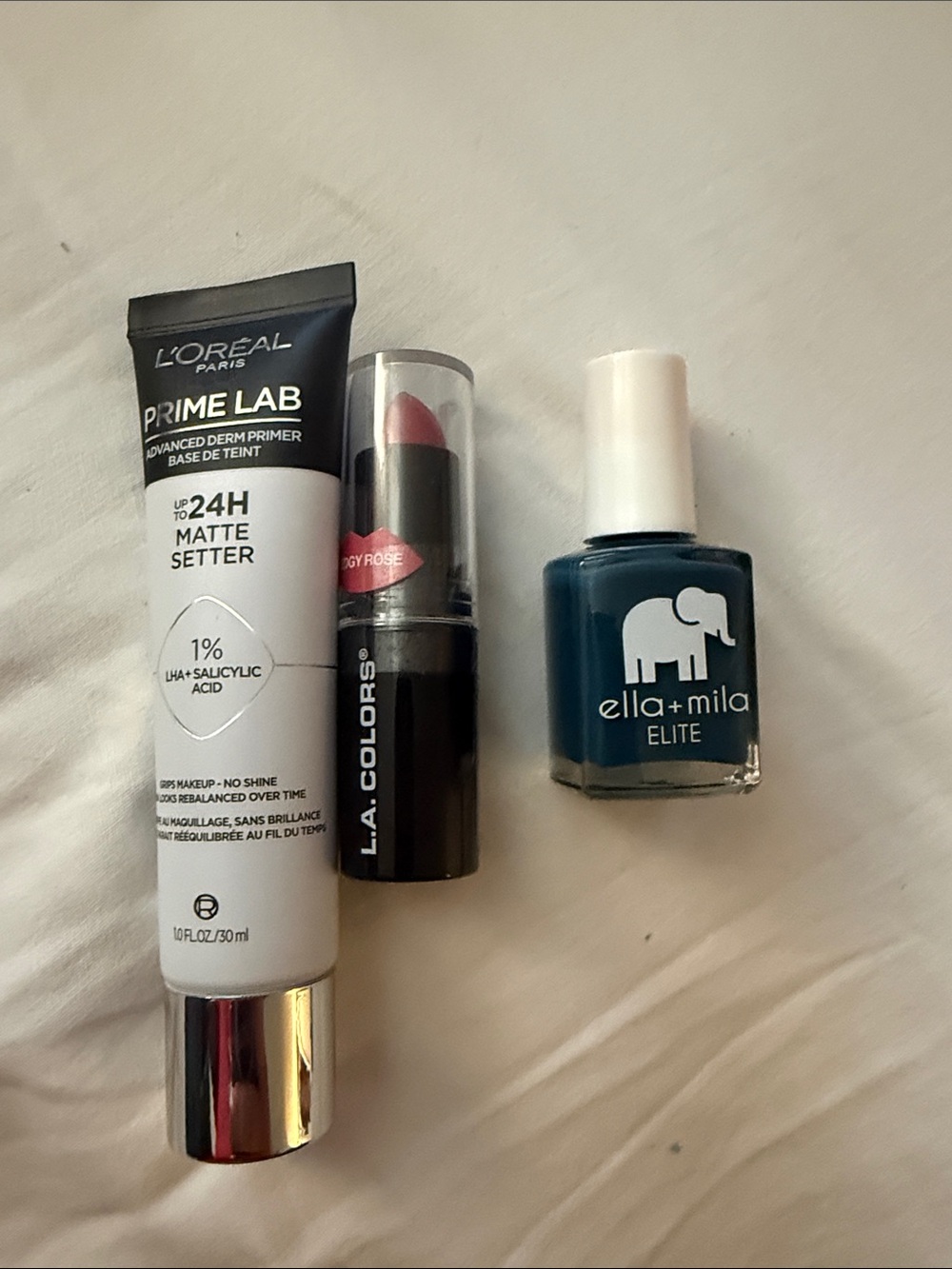 L'Oréal Prime Lab Matte Setter, lip edgy rose and nail polish